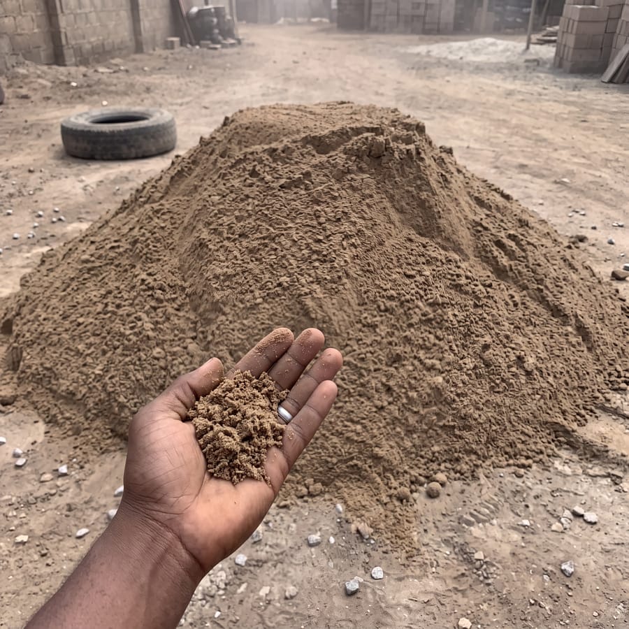 Pit sand close-up, hand for scale